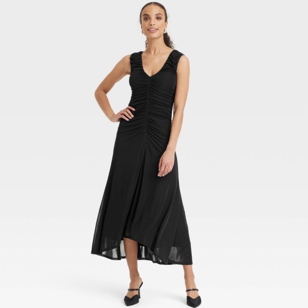 Women's Ruched Midi Sundress - A New Day Black Sleeveless M